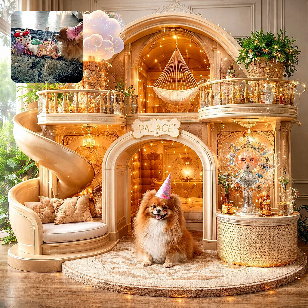 A fluffy dog wearing a festive pink party hat is curiously inspecting a birthday setup on a colorful rug, complete with a 'Happy Birthday' bone-shaped cookie, toys, and treats, creating a cozy and celebratory atmosphere.
