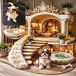 A small fluffy dog with a mix of white, brown, and black fur sits on a dark blue surface, looking up with curious eyes and a slightly tousled tail, giving off a vibe of eager anticipation or a request for a treat.