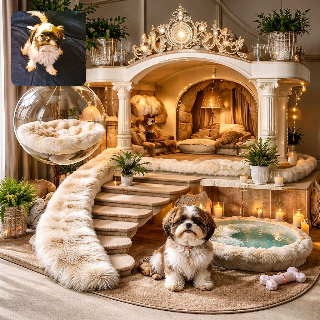 A small fluffy dog with a mix of white, brown, and black fur sits on a dark blue surface, looking up with curious eyes and a slightly tousled tail, giving off a vibe of eager anticipation or a request for a treat.