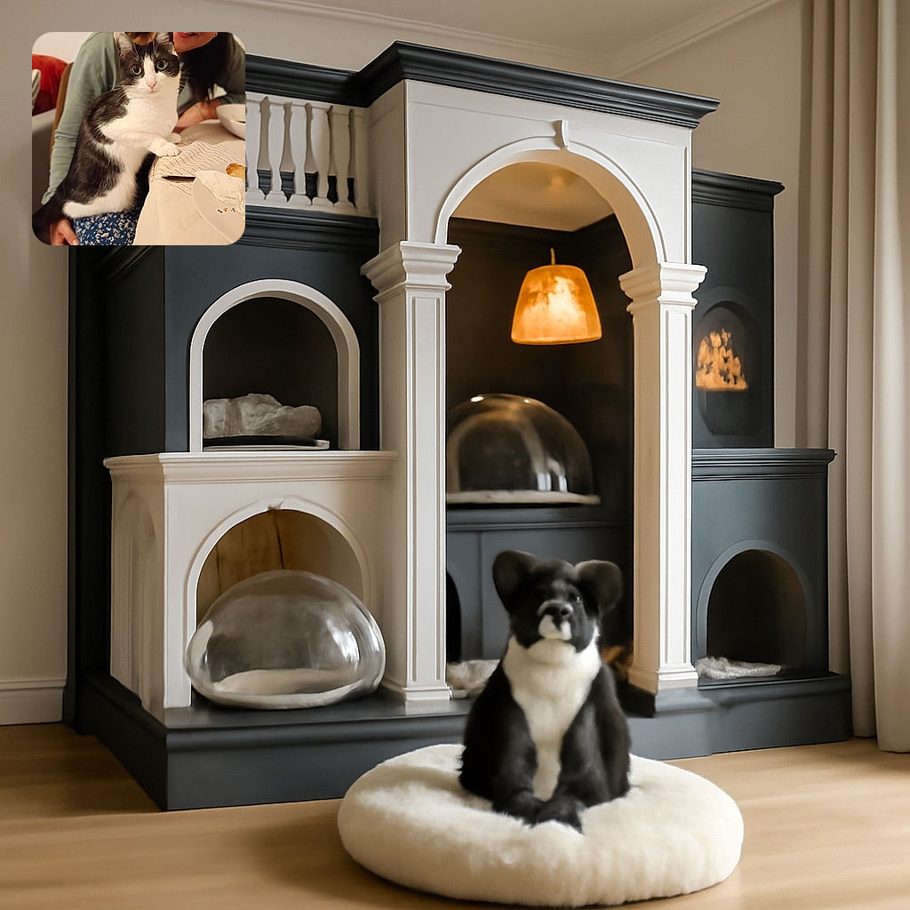 A charming black and white cat confidently perched on a person's lap at a dining table, with the person smiling warmly in the background. The cat's wide eyes and poised paw on the table make it look like it's ready to join the meal or negotiate for a treat.