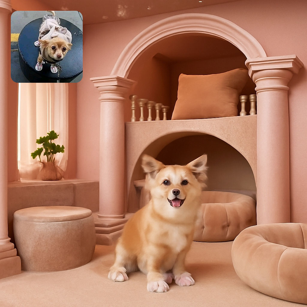 A small dog dressed in a cute outfit and tiny shoes stands on a black circular platform, looking up with big, curious eyes. The concrete background and leash add a casual urban vibe to this adorable fashion statement.