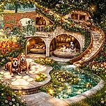 Three dogs chilling in a colorful flower field, one lounging like a boss while the other two stand alert, surrounded by a vibrant mix of reds, whites, and yellows under a big shady tree.