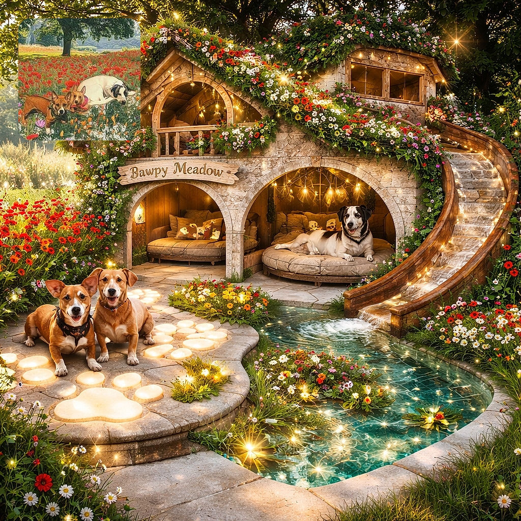 Three dogs chilling in a colorful flower field, one lounging like a boss while the other two stand alert, surrounded by a vibrant mix of reds, whites, and yellows under a big shady tree.