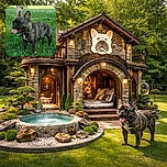 A happy brindle French Bulldog stands proudly on the lush green grass with its tongue hanging out, looking like it just finished a fun play session. In the background, a person's legs are visible, hinting at a sunny day outdoors.