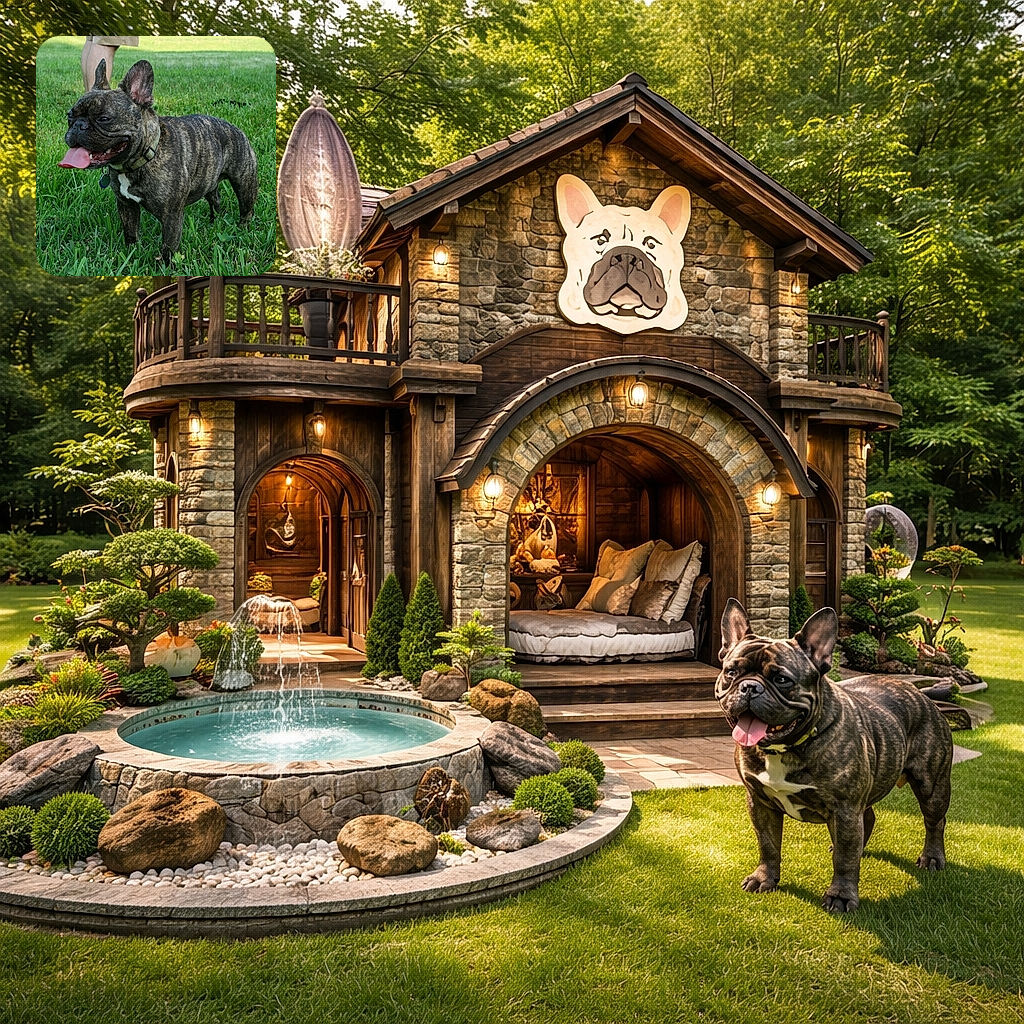 A happy brindle French Bulldog stands proudly on the lush green grass with its tongue hanging out, looking like it just finished a fun play session. In the background, a person's legs are visible, hinting at a sunny day outdoors.