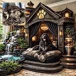 A fluffy black dog with a white patch on its chest is lounging comfortably on a blue leather couch, soaking up some sunlight with a relaxed and content expression. The background shows a cozy indoor setting with furniture and household items softly blurred out.