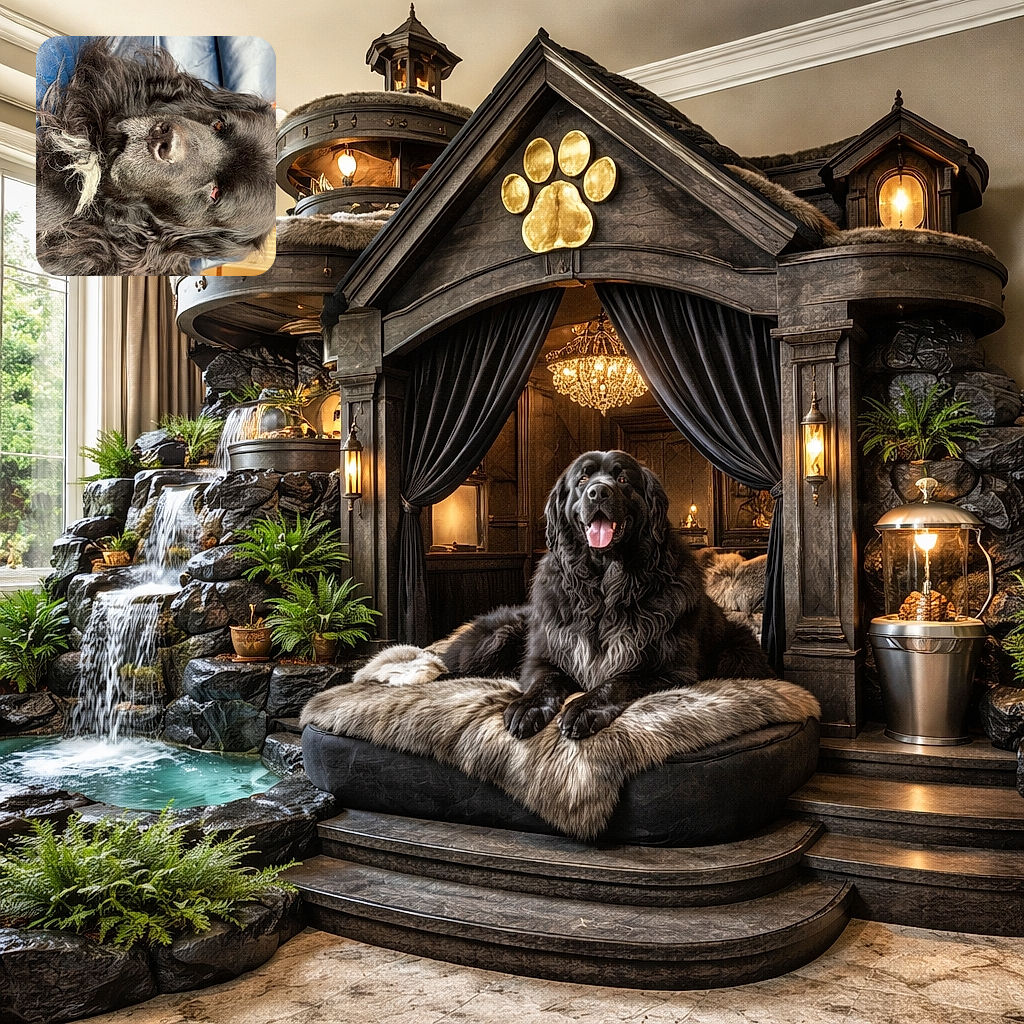 A fluffy black dog with a white patch on its chest is lounging comfortably on a blue leather couch, soaking up some sunlight with a relaxed and content expression. The background shows a cozy indoor setting with furniture and household items softly blurred out.