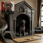 A serious-looking dog, possibly a Cane Corso or similar breed, gazes intently at the camera with soulful eyes. The background features a red cushion and neutral walls, giving a cozy indoor vibe. The photo is slightly soft in focus but captures the dog's expressive face well.