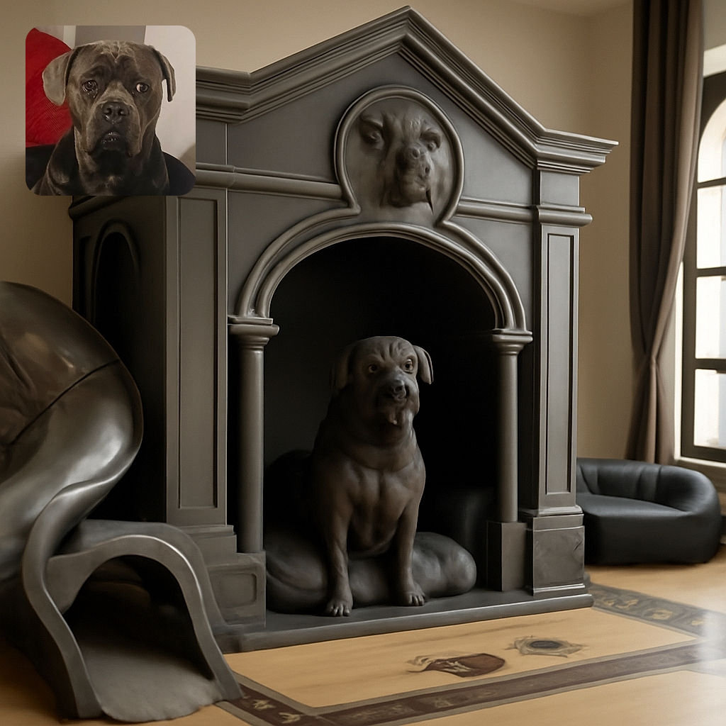 A serious-looking dog, possibly a Cane Corso or similar breed, gazes intently at the camera with soulful eyes. The background features a red cushion and neutral walls, giving a cozy indoor vibe. The photo is slightly soft in focus but captures the dog's expressive face well.