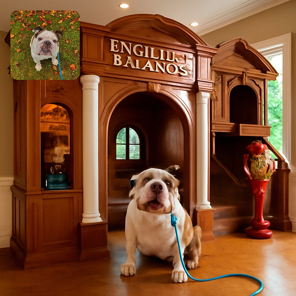 A charming bulldog with a slightly goofy expression looks up eagerly from a bed of autumn leaves, leash in tow, as if ready for an adventure or a treat.