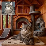 A fluffy gray tabby cat lounges regally on a carpet, staring intently into the distance with bright yellow-green eyes and long white whiskers, the soft indoor lighting highlighting its luxurious fur.