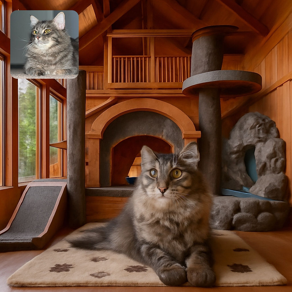 A fluffy gray tabby cat lounges regally on a carpet, staring intently into the distance with bright yellow-green eyes and long white whiskers, the soft indoor lighting highlighting its luxurious fur.