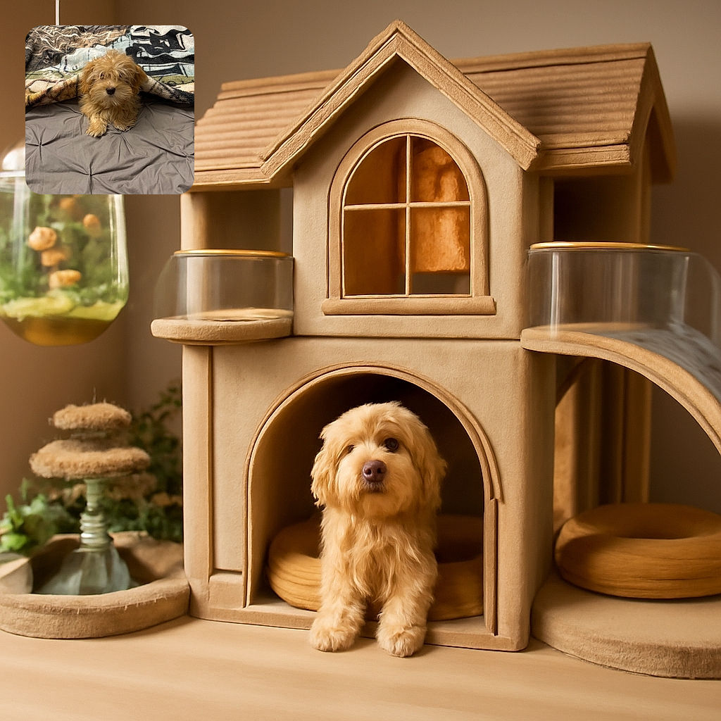 A fluffy, golden puppy lounges adorably on a cozy gray bedspread, half-covered by a colorful, patterned blanket, looking like it's ready for a snuggle session or a nap in the comfiest spot in the house.