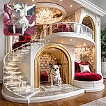 A small dog with a white coat and black markings sits comfortably on a red leather chair, looking directly at the camera with a slightly squinting expression. In the background, there is a wooden shelf with a large water jug and some folded red cloths, giving a cozy indoor vibe.