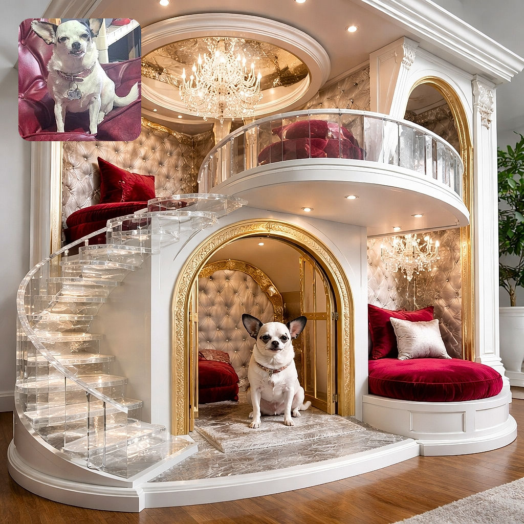 A small dog with a white coat and black markings sits comfortably on a red leather chair, looking directly at the camera with a slightly squinting expression. In the background, there is a wooden shelf with a large water jug and some folded red cloths, giving a cozy indoor vibe.