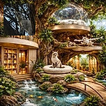 A curious cat wearing a cute harness perched confidently on a tree branch, framed by a backdrop of intertwined branches and a softly lit sky, giving off adventurous vibes.