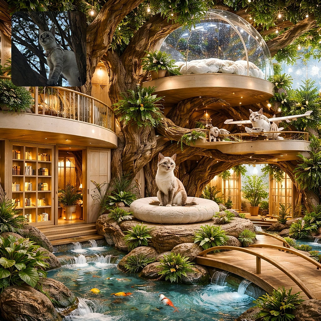 A curious cat wearing a cute harness perched confidently on a tree branch, framed by a backdrop of intertwined branches and a softly lit sky, giving off adventurous vibes.