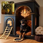 A close-up photo of a serious-looking Rottweiler dog in a somewhat cluttered kitchen with warm lighting and vintage-style tiles. The dog's face fills most of the frame with a slightly blurred background showing kitchen appliances and towels.