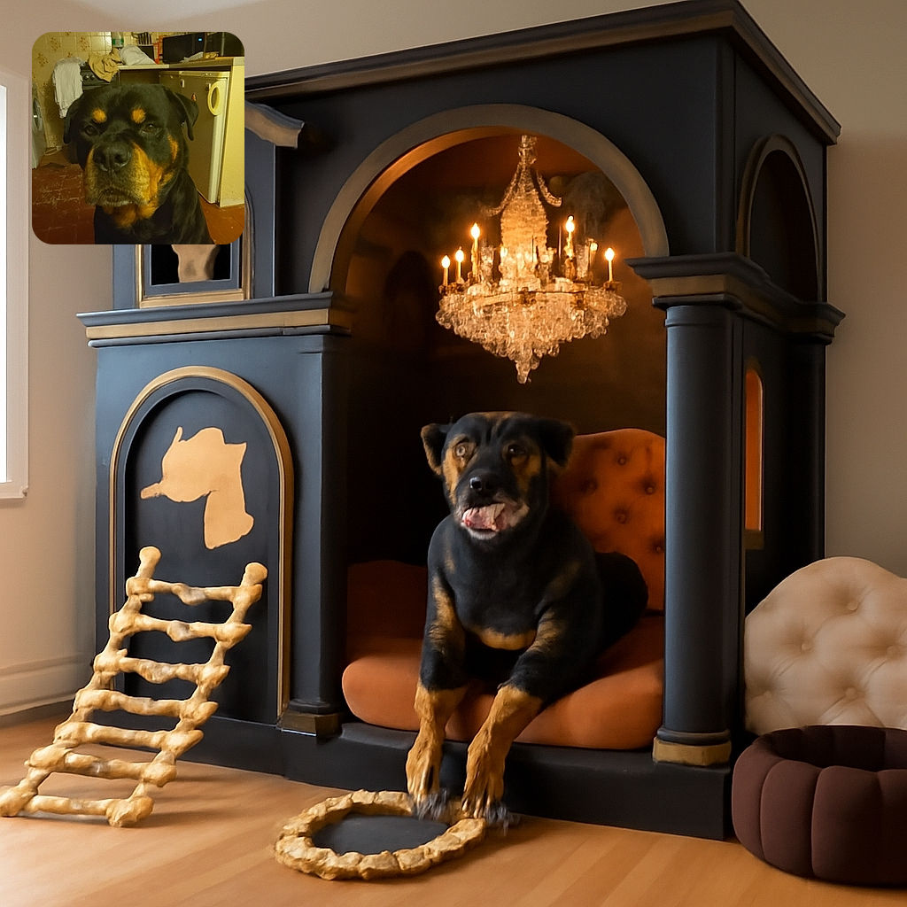 A close-up photo of a serious-looking Rottweiler dog in a somewhat cluttered kitchen with warm lighting and vintage-style tiles. The dog's face fills most of the frame with a slightly blurred background showing kitchen appliances and towels.