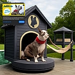 A proud dog wearing a red bandana poses heroically against a cloudy sky, featured in a bright yellow voting campaign banner with bold text urging viewers to 'Vote for me!' and 'America's Favorite Pet.' The image is part of a social media post encouraging votes for a pet contest.