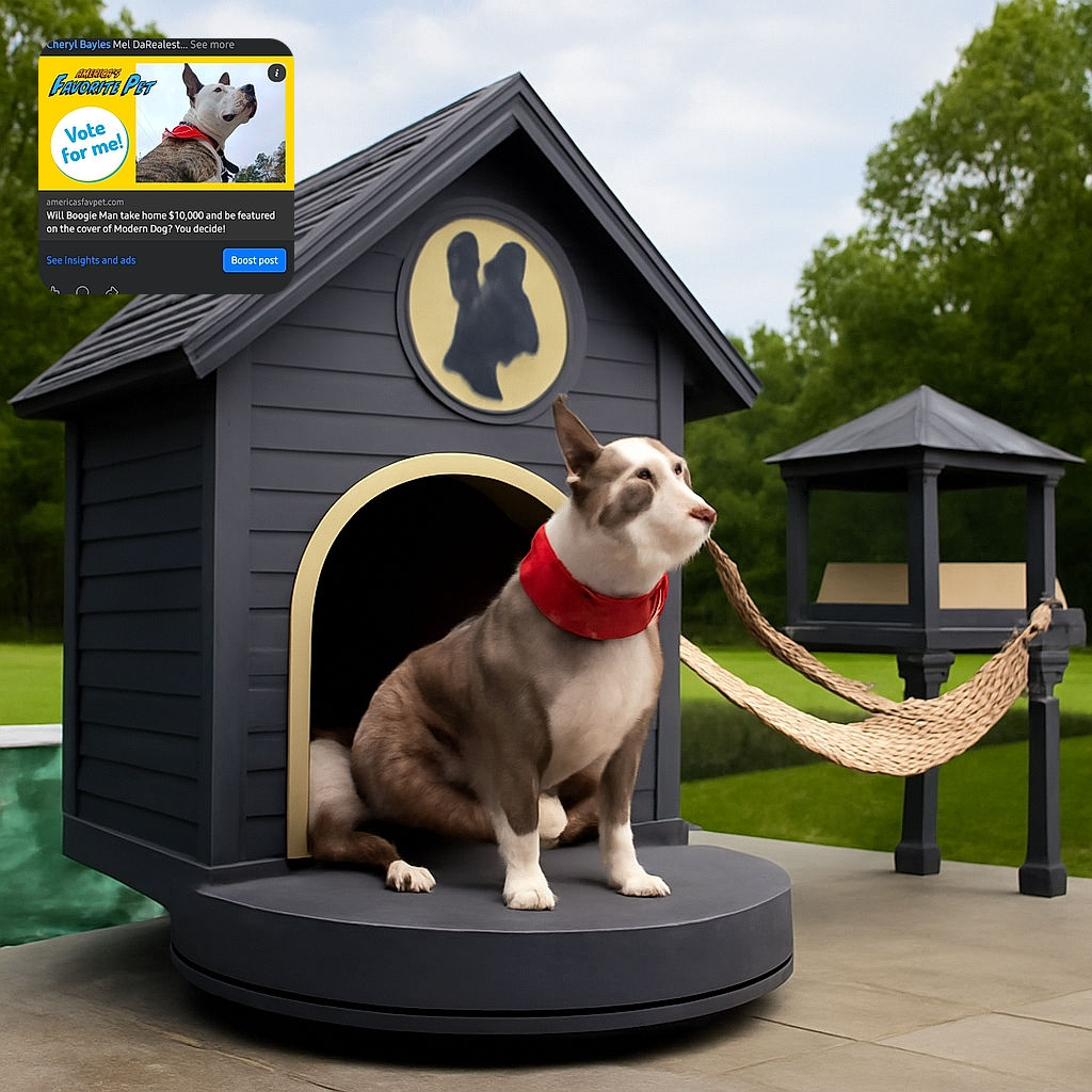 A proud dog wearing a red bandana poses heroically against a cloudy sky, featured in a bright yellow voting campaign banner with bold text urging viewers to 'Vote for me!' and 'America's Favorite Pet.' The image is part of a social media post encouraging votes for a pet contest.
