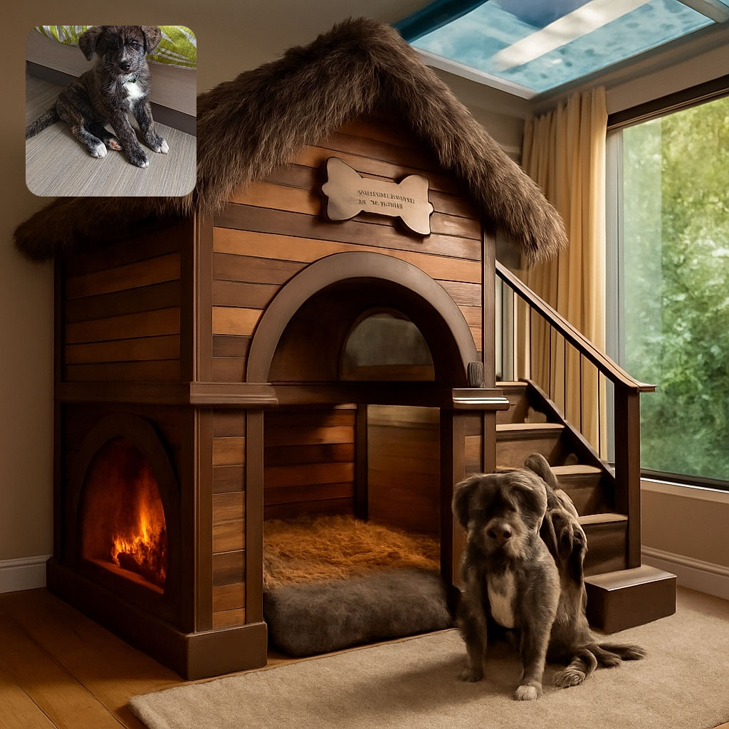 A fluffy brindle puppy with white paws and a green collar sits adorably on a wooden floor next to a bed with a green and white patterned blanket, looking curiously at the camera with a calm expression.