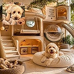 A fluffy cream-colored dog is nestled in a mountain of chunky knitted blankets, gazing at the camera with the solemn wisdom of a tiny, very huggable philosopher. A plush bear keeps watch nearby while cheerful signs and flowers turn the scene into a cozy canine spa retreat.
