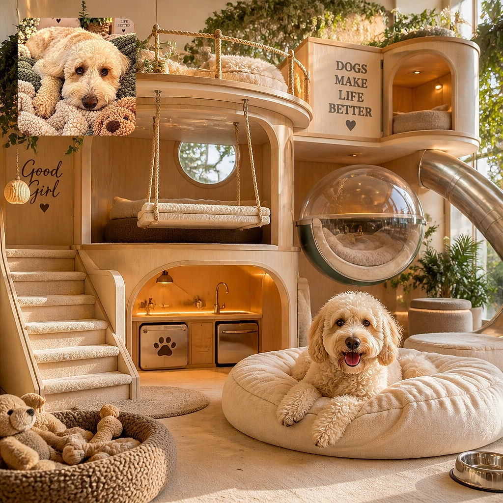 A fluffy cream-colored dog is nestled in a mountain of chunky knitted blankets, gazing at the camera with the solemn wisdom of a tiny, very huggable philosopher. A plush bear keeps watch nearby while cheerful signs and flowers turn the scene into a cozy canine spa retreat.