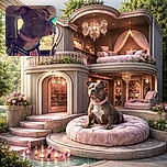 A serious-looking dog sporting a studded pink collar and a harness with reflective strips, sitting inside a vehicle with a focused gaze out the window, ready for an adventure or a drive.