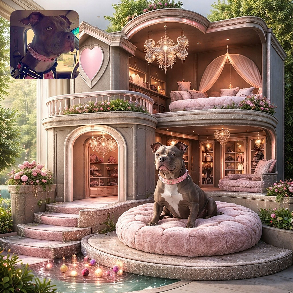 A serious-looking dog sporting a studded pink collar and a harness with reflective strips, sitting inside a vehicle with a focused gaze out the window, ready for an adventure or a drive.