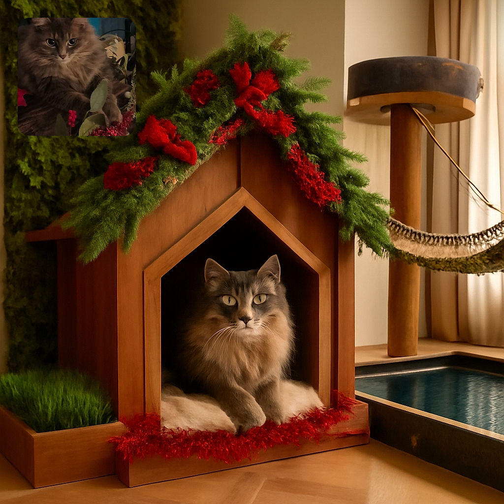 A fluffy gray cat lounges amidst holiday decorations, looking curiously at the camera with wide eyes, surrounded by green leaves and red berries, in a cozy indoor setting.