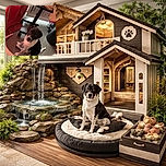 A curious black and white puppy sits on a wooden floor looking up with big, soulful eyes, surrounded by a cozy indoor setting with a red curtain, a small table with a white cup, and some scattered clothes.