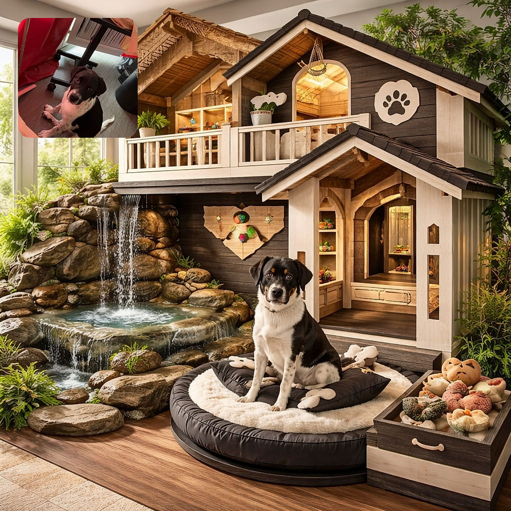 A curious black and white puppy sits on a wooden floor looking up with big, soulful eyes, surrounded by a cozy indoor setting with a red curtain, a small table with a white cup, and some scattered clothes.