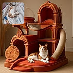 A sleepy calico cat sprawled out on a floral bedspread, mid-yawn as if announcing the start of a very important nap. Nearby, a blue and wooden fan lies forgotten, adding a touch of casual charm to this cozy scene.