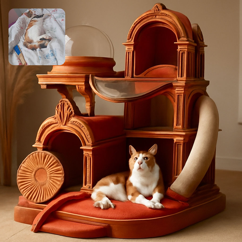 A sleepy calico cat sprawled out on a floral bedspread, mid-yawn as if announcing the start of a very important nap. Nearby, a blue and wooden fan lies forgotten, adding a touch of casual charm to this cozy scene.