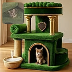 A fuzzy, low-light photo of a small cat nestled on a green carpet or cushion, with its ears perked up and eyes looking toward the camera, surrounded by muted colors and soft textures.