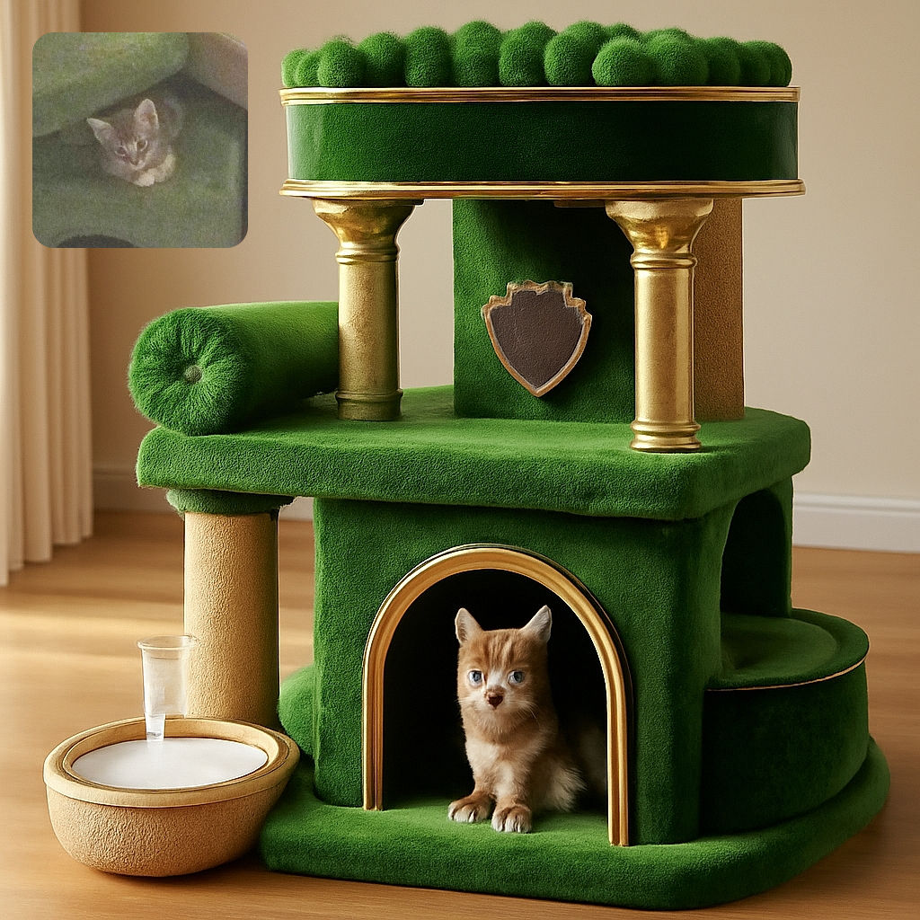 A fuzzy, low-light photo of a small cat nestled on a green carpet or cushion, with its ears perked up and eyes looking toward the camera, surrounded by muted colors and soft textures.