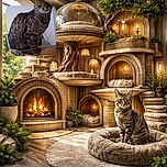 A curious tabby cat sits poised on a tan leather surface, gazing intently at the camera with wide eyes, while a minimalistic indoor background with a hint of green plant leaves adds a calm atmosphere.