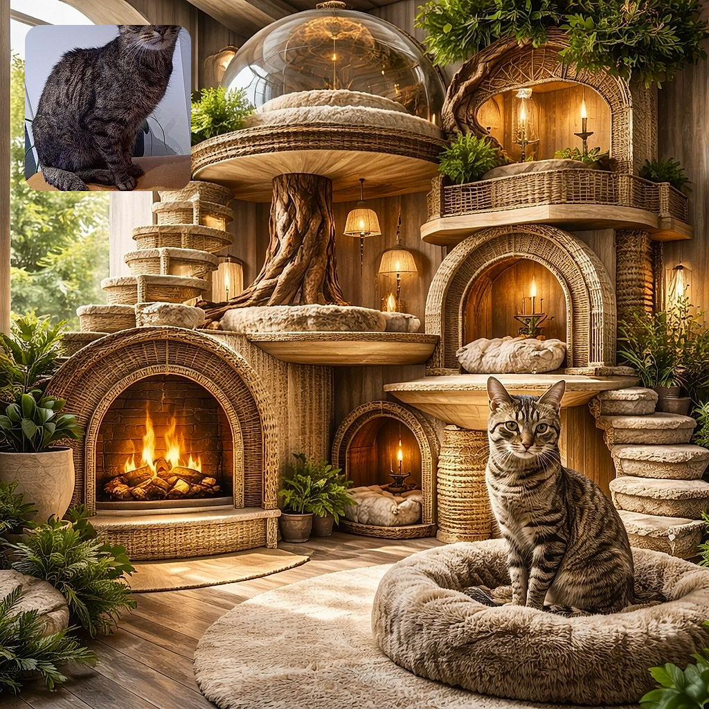 A curious tabby cat sits poised on a tan leather surface, gazing intently at the camera with wide eyes, while a minimalistic indoor background with a hint of green plant leaves adds a calm atmosphere.