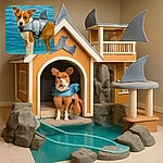 A curious dog wearing a shark fin life jacket stands by the water, looking straight at the camera with an expression that says 'Am I a shark now?' The background is a calm blue body of water, giving a playful yet serene vibe.