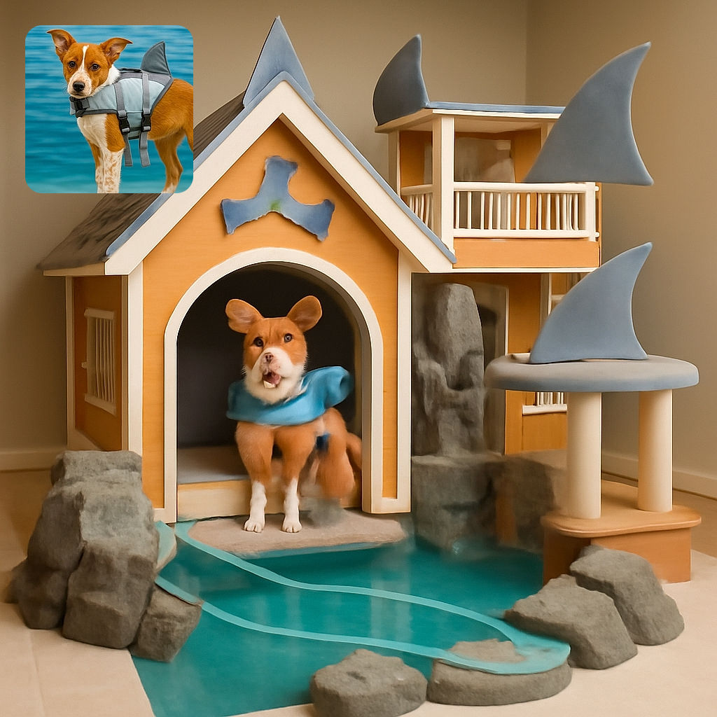 A curious dog wearing a shark fin life jacket stands by the water, looking straight at the camera with an expression that says 'Am I a shark now?' The background is a calm blue body of water, giving a playful yet serene vibe.