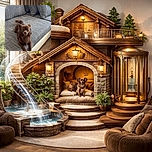 A fluffy brown dog lounges elegantly on a gray textured couch, looking directly at the camera with a calm and curious expression. The cozy setting features multiple cushions and a wooden floor, creating a warm and inviting atmosphere.