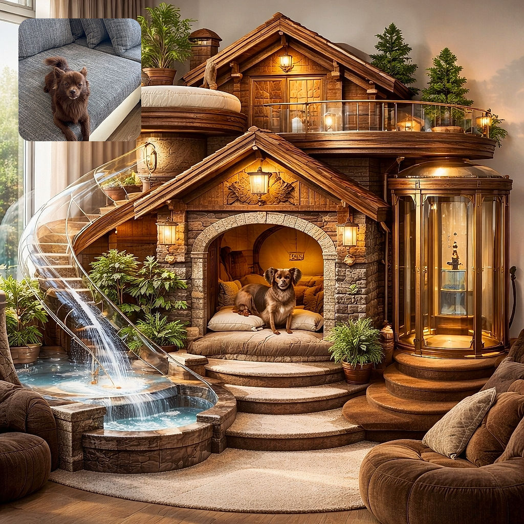 A fluffy brown dog lounges elegantly on a gray textured couch, looking directly at the camera with a calm and curious expression. The cozy setting features multiple cushions and a wooden floor, creating a warm and inviting atmosphere.