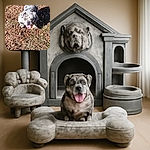 A sturdy bulldog with a unique spotted coat stands on a patch of dry grass and fallen leaves, tongue out and looking ready for some fun in the sun.