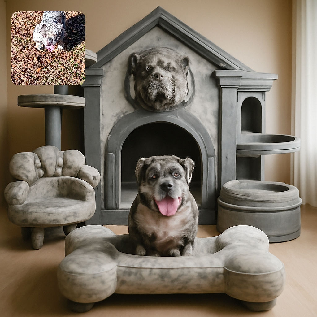 A sturdy bulldog with a unique spotted coat stands on a patch of dry grass and fallen leaves, tongue out and looking ready for some fun in the sun.