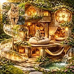 A majestic tabby cat lounges gracefully on a mossy rock surrounded by blooming wildflowers, basking in the warm golden sunlight that gives the scene a dreamy, magical vibe.