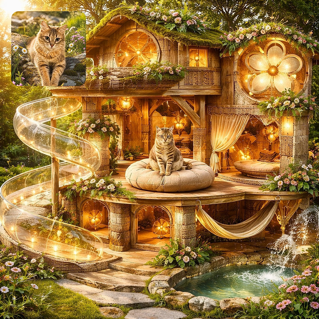A majestic tabby cat lounges gracefully on a mossy rock surrounded by blooming wildflowers, basking in the warm golden sunlight that gives the scene a dreamy, magical vibe.