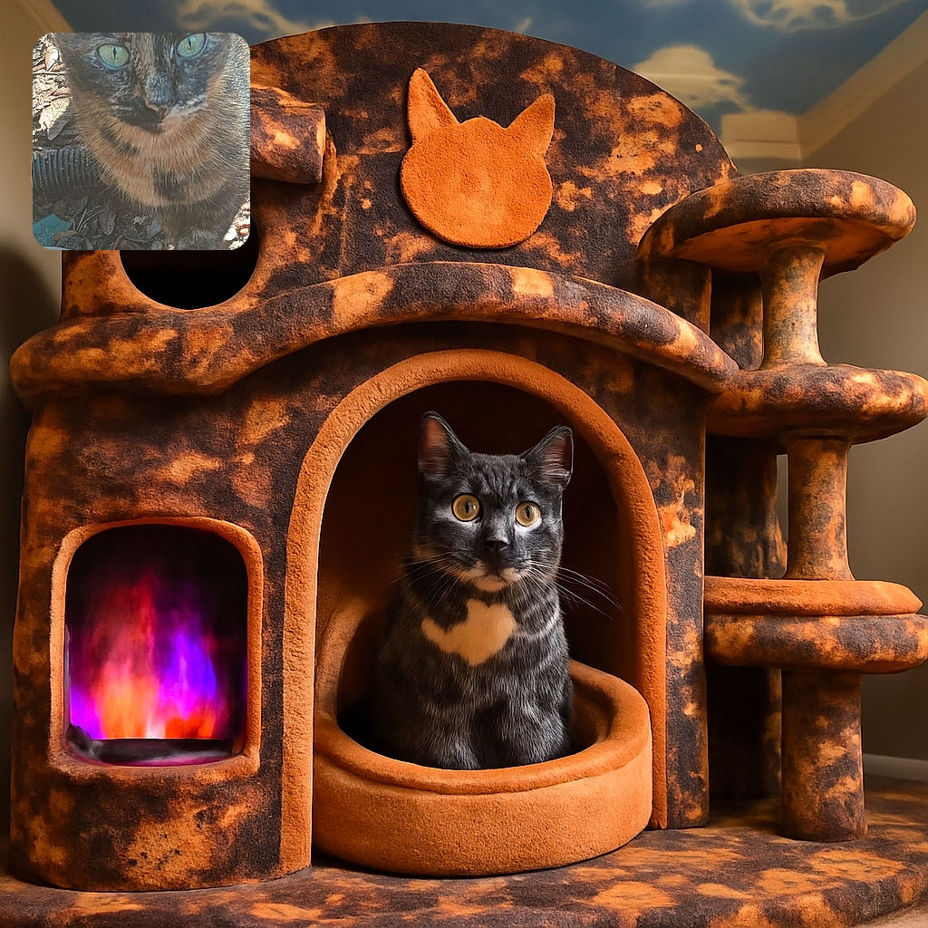 A close-up photo of a tortoiseshell cat with striking green eyes, standing outdoors on a ground covered with dry leaves and debris, with a plastic container partially visible at the bottom left.