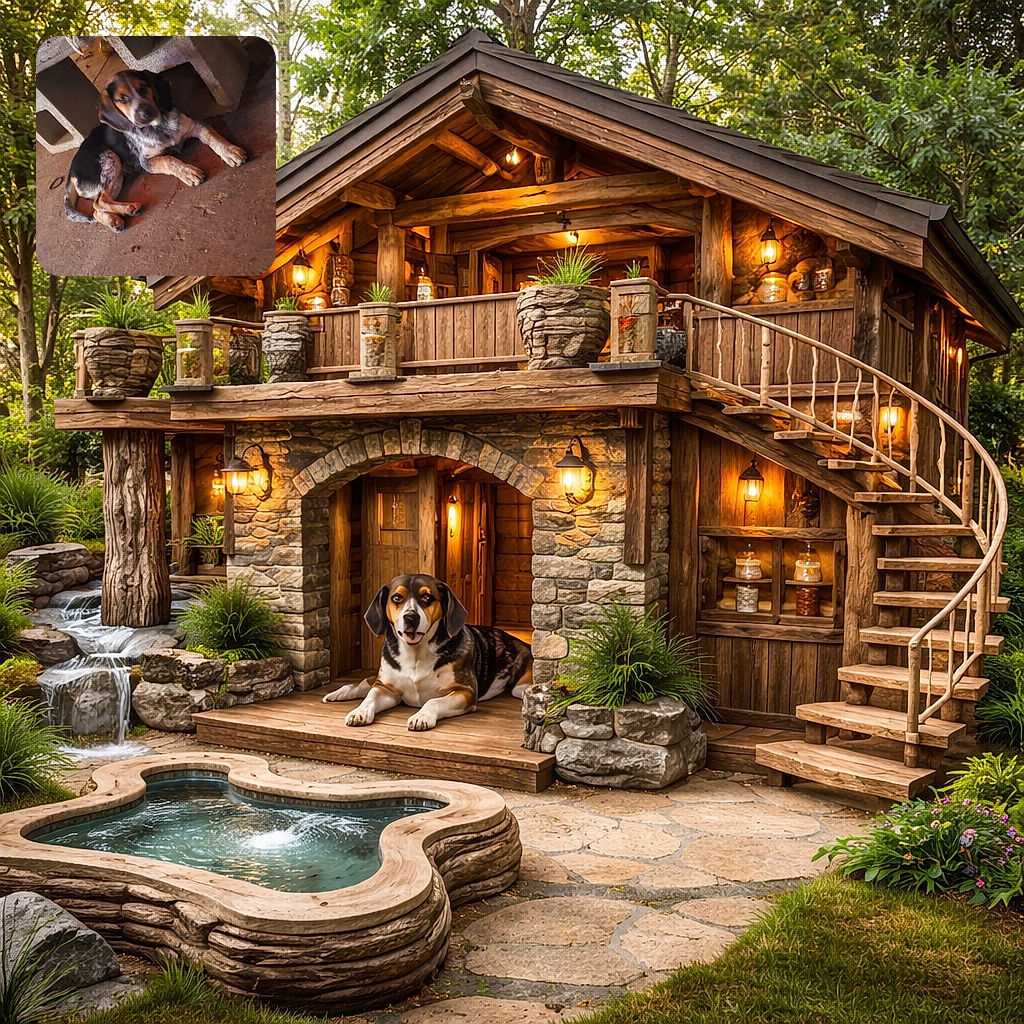 A sleepy puppy lounges on a dusty concrete floor under cinder blocks, giving the camera a slightly blurry, soulful stare while its paws are adorably crossed — part model, part nap expert.
