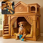 A golden retriever puppy lounges comfortably on a bed, sporting a festive Halloween-themed bandana and resting its paw on a colorful plush toy. The cozy indoor setting includes a dresser and some casual clutter in the background, adding a homey vibe to the scene.